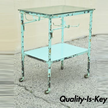 Antique Aqua Blue Distress Paint Metal Glass 2 Tier Medical Dental Cart Table