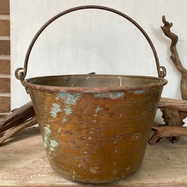Antique Brass Pot With Handle, Brass Kettle 2, Cauldron, Halloween, Rustic Decor, Fireplace Hearth Decoration, See Description All Photos 