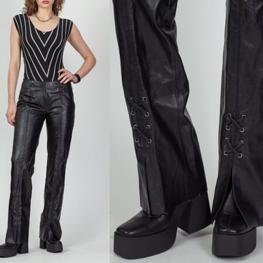 90s Wilsons Black Leather Lace Up Pants - Small | Vintage Bootcut Biker Trousers 