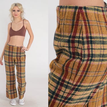 70s Plaid Pants Mustard Yellow Bell Bottom Trousers Wool Flare Pants Bellbottoms Retro High Waisted Flared Checkered Vintage 1970s Small 27 
