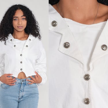 Western Crop Top White Cropped Blouse 90s Crop Blouse Cowboy Southwestern Button Up Shirt Vintage Long Sleeve Roper Extra Large xl 