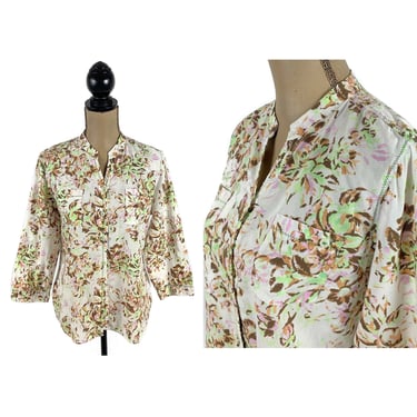 L 90s Button Up Cotton Floral Blouse Large 3/4 Sleeve Collarless Shirt Spring Summer Casual Tops 1990s Clothes Women Vintage JH Collectibles 