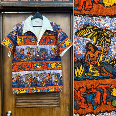 Vintage 1960’s Hula Girl Native Cotton Tiki Hawaiian Terrycloth Shirt, 60’s Cabana Shirt, 60’s Tropical Top, Vintage Clothing 