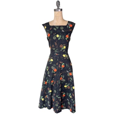 1950s black citrus print cotton dress 