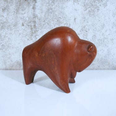 Modernist Carved Teak Wood Bull / Buffalo / Bison Figurine 