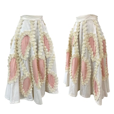 Vtg 50s 1950s Bombshell Pinup Rockabilly Pink Woven Appliqué Circle Skirt 