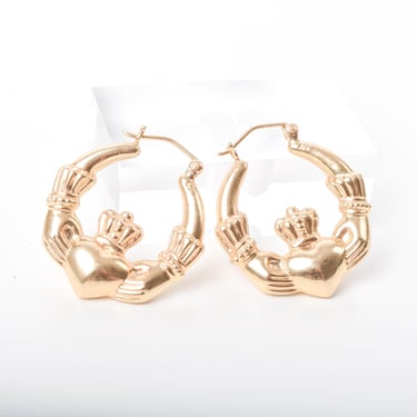 Vintage 14K Gold Claddagh Hoop Earrings, Celctic Claddagh Creaole Hollow Hoop Earrings 