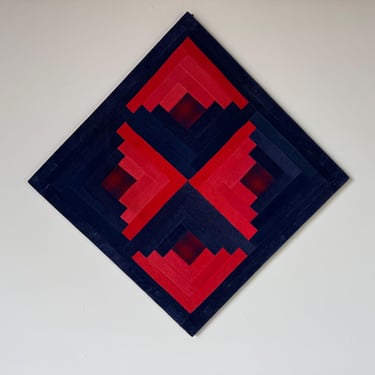 1980s Vintage Postmodern Geometric Velvet Fabric Wall Art - Red and Blue Design 