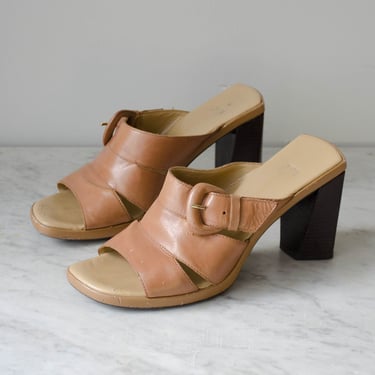 tan leather mules | 90s y2k platform chunky heel open toe high heel mule sandals US size 7 