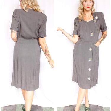 1940s Town & Travel Grey Button Dress - Medium 