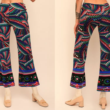 Vintage 1970s 70s Mid Rise Bell Bottom Flares w/ Crazy Psychedelic Techicolor Day Glo Stars, Stripes, Celestial Moon Print Horoscope 