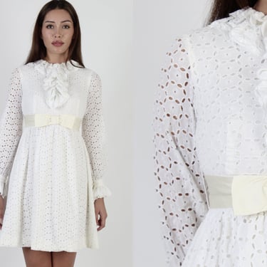 60s White Tuxedo Ruffle Mini Dress / 1960s Plain Mod Ruffly Chest Dress / Vintage All Over Lace GoGo Dress 