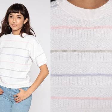80s Knit Shirt White Pastel Striped Knit Blouse Short Sleeve Sweater Top Stripes Textured Retro Vintage 1980s Spring Medium M 