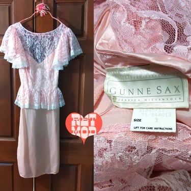 JUNIOR Size - Sweet Gunne Sax Vintage 80s 90s Pastel Pink Lace Peplum Dress 