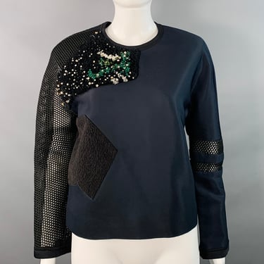 FENDI Fall 2014 Size 6 Navy Green Polyamide Blend Patchwork Back Zip Casual Top
