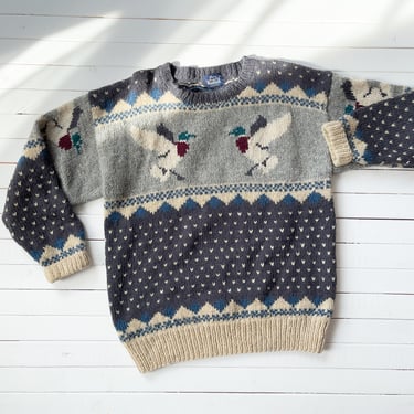duck wool sweater 80s 90s vintage Woolrich gray cream intarsia sweater 