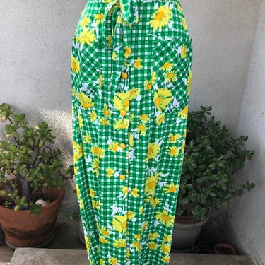 Vintage retro maxi skirt neon daisy print yellow green button front by Sandcastle sz M/L 