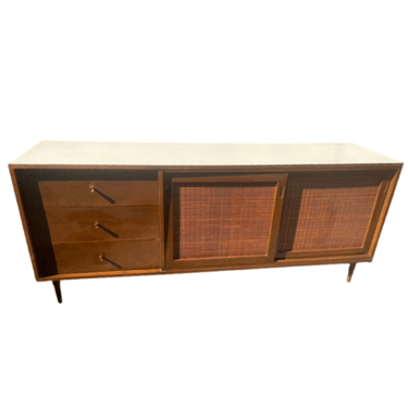 Unique Mid Century White Top Walnut and Cane Credenza by Foster McDavid Furniture