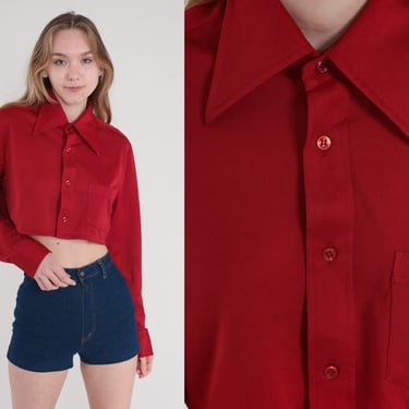 Red Crop Top 70s Button up Blouse Dagger Collar Cropped Shirt Retro Disco Top Long Sleeve Collared Seventies Pocket Vintage 1970s Medium M 