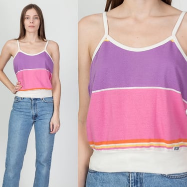 80s Striped Color Block Crop Top - Large | Vintage Pep Scoop Neck Spaghetti Strap Sporty Tank 