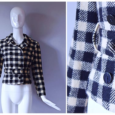 Vintage 1990s Pendleton black and white virgin wool plaid cropped Jacket with belt | 1990s 90s 2000s jacket 