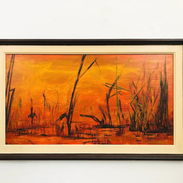 Mid Century Orange Landscape Painting by John Caver, Titled "Background" 