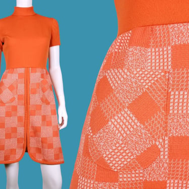 Orange mod mini dress. Vintage  1960s 70s. Back zip, short sleeve, textured poly, plaid geometric patchwork, 2 toned. (S) 