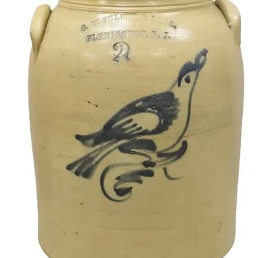 Antique G.W. Fulper & Bros Stoneware Two Gallon Crock with Cobalt Blue Bird