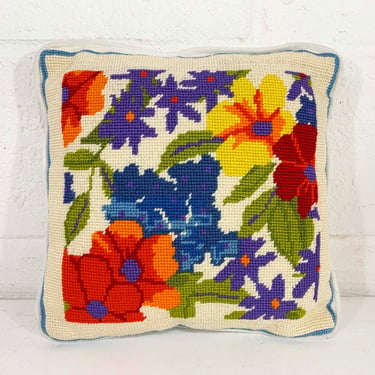 Vintage Floral Pillow Needlepoint Square Rainbow Accent Colorful White Throw Sofa Couch Small Mid-Century 1970s 1960s 