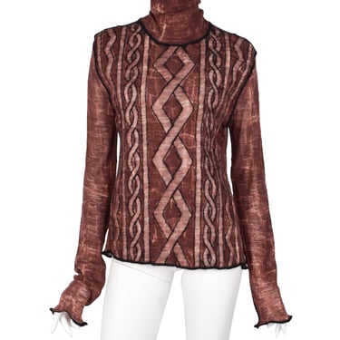 Jean Paul Gaultier Vintage AW 2000 Brick Marbled Puffy Trompe L'oeil Aran Knit Sheer Wool Turtleneck Top