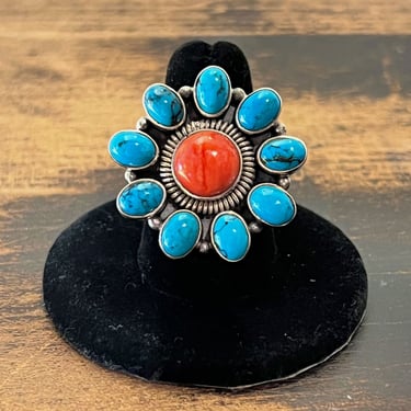FLOWER POWER Sterling Silver Coral & Howlite Ring | Shadow Box Flower | Native American Jewelry | Size 7 