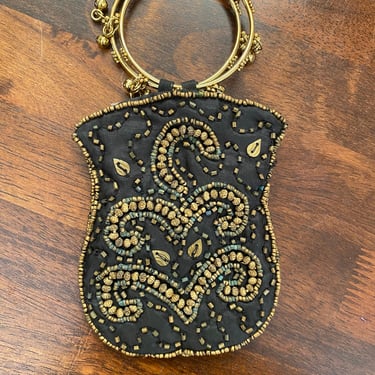 Vintage Beaded Purse Black with Gold Beading Made in India 