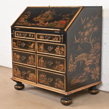 Baker Furniture Style William & Mary Chinoiserie Black Lacquered Bureau With Slant Front Secretary Desk