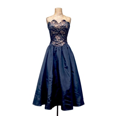 Vintage 1980s Gunne Sax Strapless Party Dress, Black/Copper Brocade/Taffeta Prom Dress, Drop-Waist Formal Midi Frock, Small 34" Bust, VFG 