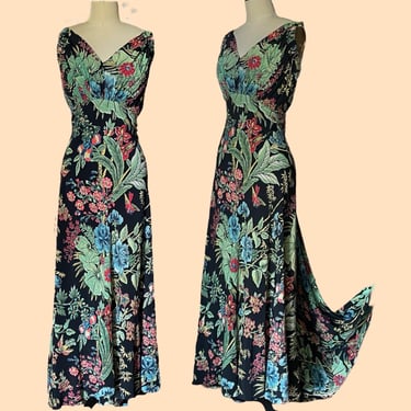 Special Vintage 1930s 1940s Rayon Gown with Whimsical Print for the Nature Lover Flora Fauna Birds with Long Train 