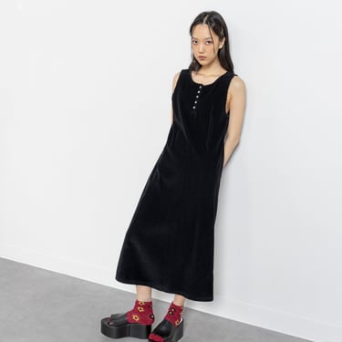 BLACK CORDUROY DRESS Vintage Maxi Sleeveless Minimalist Goth Severe Woman 90's Relaxed Fit / Small Medium 