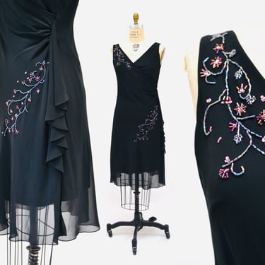 Vintage 00s Y2K Bias Cut Black Beaded Dress Black Chiffon Flower beaded Dress Medium Large// 90s Black Floral Beaded Dress Medium Large 