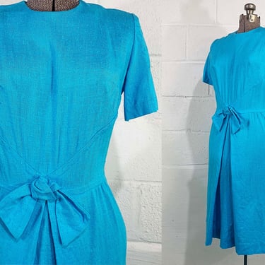 Vintage Turquoise Blue Shift Dress George Small Linen Textured Nubby Mod Wiggle Short Sleeve Sheath Wedding Bridesmaid Party 1960s Small 