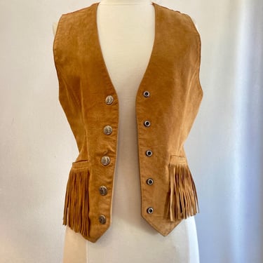 Vintage 70s SUEDE VEST Waistcoat / FRINGE Pockets + Silver Snap Button Front / Satin Back + Buckle Adjustment / Scully / M 