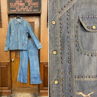 Vintage 1970’s Size L Denim Studded Disco Hippie Glam Jacket Flare Jeans Original Embroidery, 2 Piece, Matching Set, Pant Suit, Studded, 