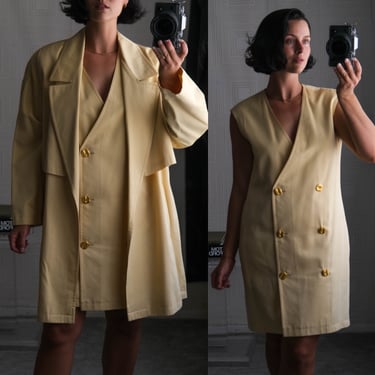 Vintage 90s ANNE KLEIN Golden Khaki Open Swing Coat & Double Breasted Mini Dress Set w/ Robert Lee Morris Style Buttons | 1990s Designer Set 