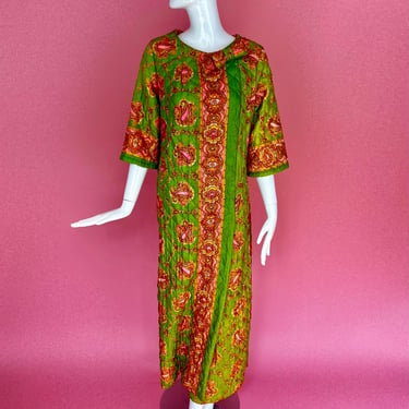 1960s Pink and Green Paisley Quilted Jumpsuit 