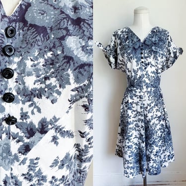 Vintage 1950s Watercolor Floral Cotton Dress / M 