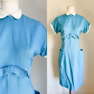 Vintage 1940s-50s Blue Wiggle Dress with knit collar / XS 
