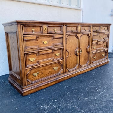 Vintage Jacobean Style Dresser by Century Furniture - Credenza with 12 Drawers and Brass Regency Drop Pulls 