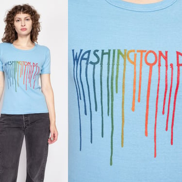Med-Lrg 70s Washington DC Rainbow Paint Drip Graphic Tee | Vintage Blue Novelty Print Fitted T Shirt 