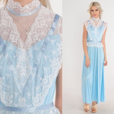 Vintage Blue Gown 70s Prom Dress White Lace Victorian Maxi Dress Party High Neck Illusion Neck High Waisted Cap Sleeve 1970s Extra Small xs 