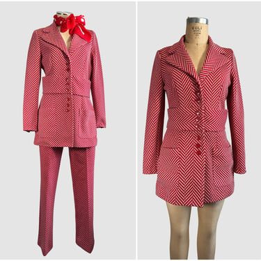 PATTERN PLAY Vintage 70s I Magnin Pant Suit | 1970s Red and White Bold Herringbone Double Knit Jacket Blazer and Pants 2 Piece Set | Medium 