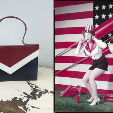 Big Bang of Patriotism - Vintage 1950s 1960s Patriotic Red White & Blue Vinyl Satchel Handbag Purse 