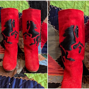 ZOO by ANDREA PFISTER Vintage Pony Boots | 1980s Red and Black Inlay Leather & Fur Italian Boots | Designer, Made in Italy | Women's Size 5 